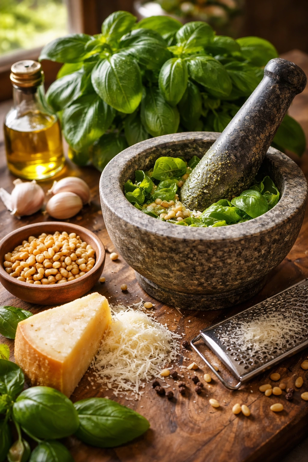 Close-up of basil, garlic, pine nuts, and grated cheese around a mortar and pestle for fresh pesto