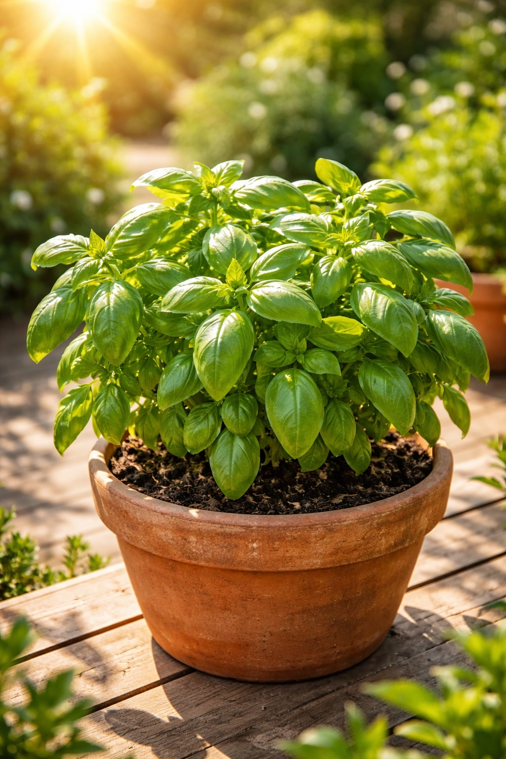 Basil plant in full sun in a pot showing sun-loving growth
