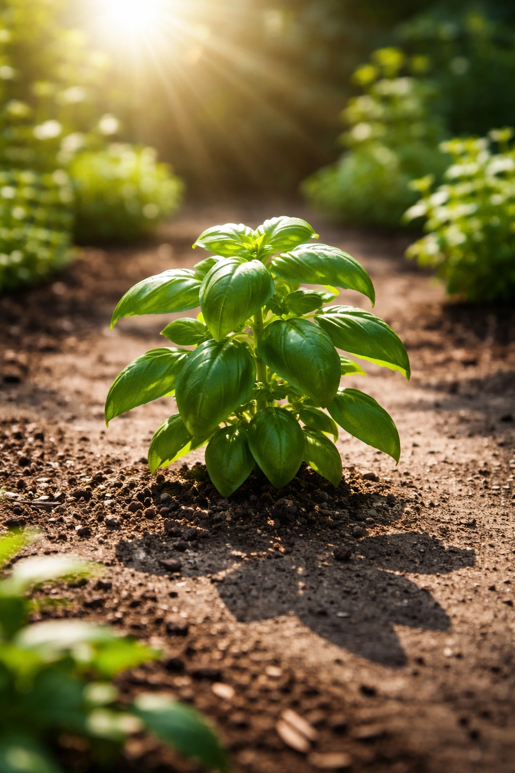 Basil plant in direct sunlight on a garden bed demonstrating sunlight needs.