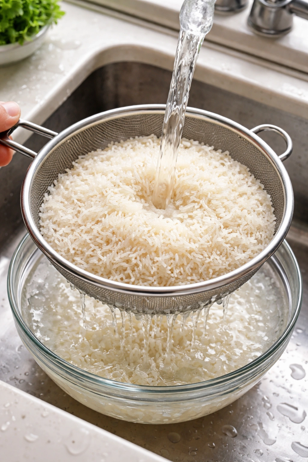 Sieve rinsing basmati rice under cold water in a kitchen sink.