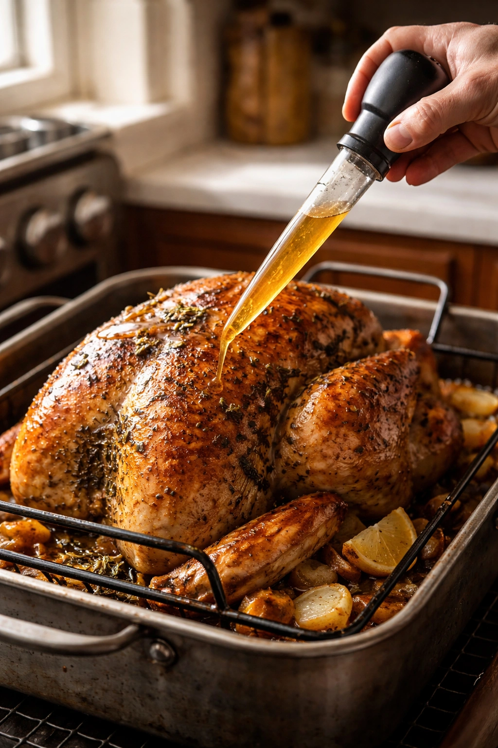 Turkey being basted with pan juices during roasting