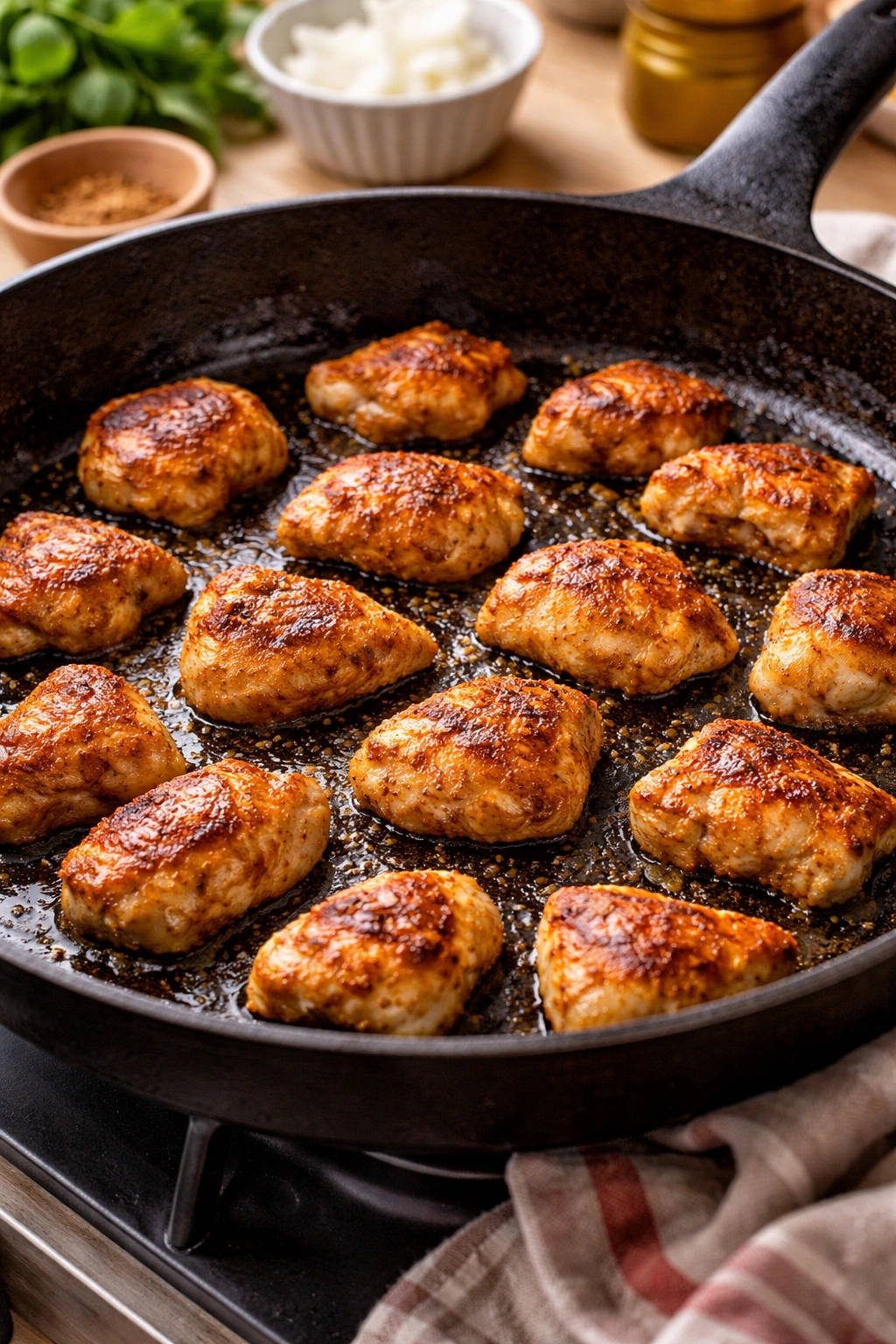 Chicken browning in a skillet in a single layer to avoid crowding