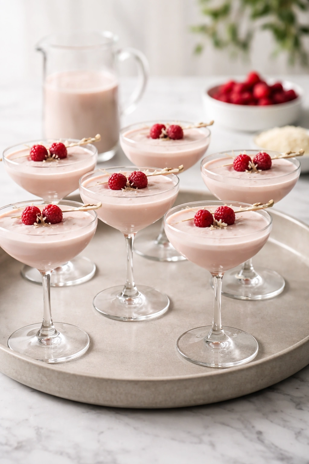 Batch Cocktails tray with multiple white chocolate raspberry martinis in coupe glasses