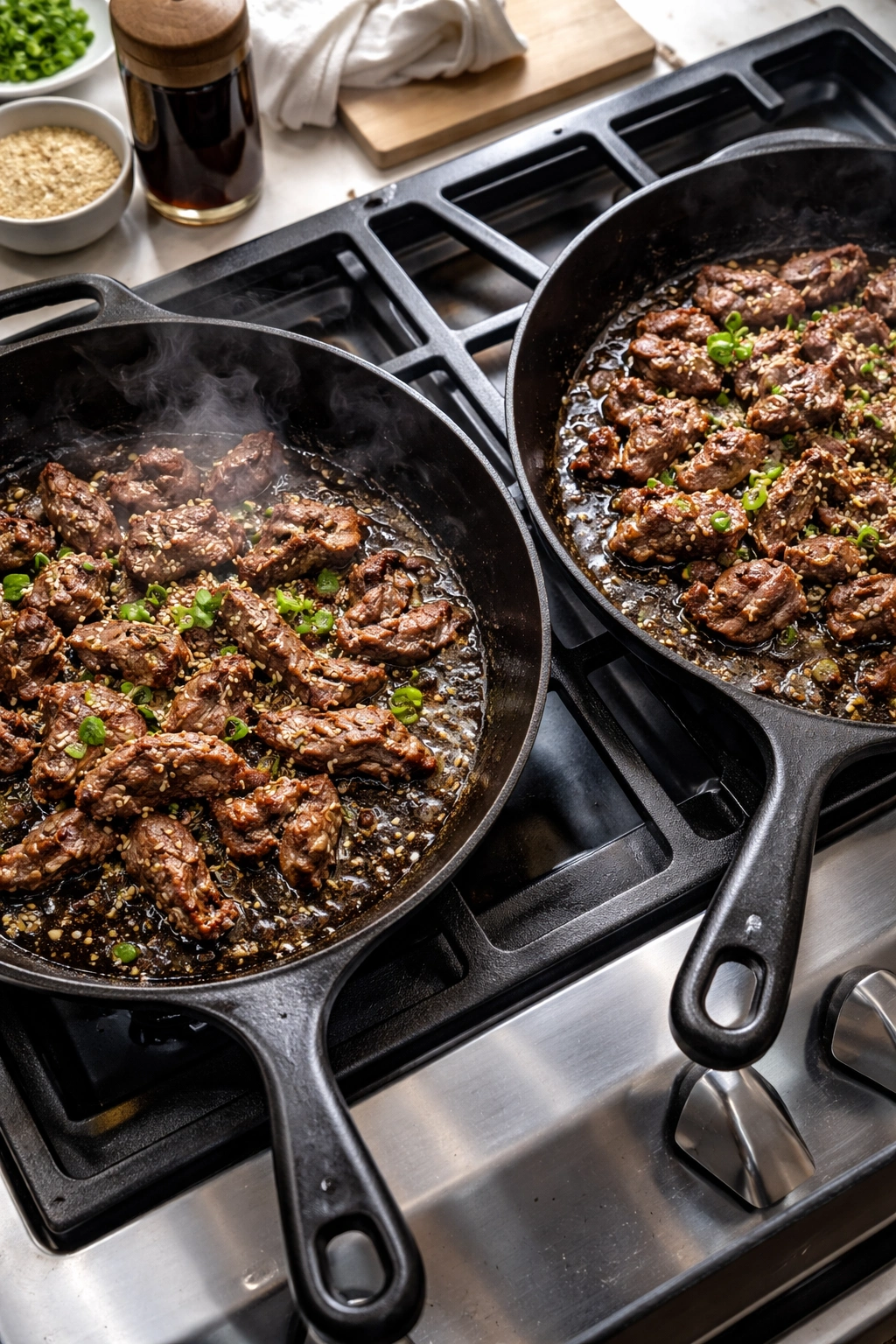 Two pans showing separate batches of searing bulgogi for even browning.