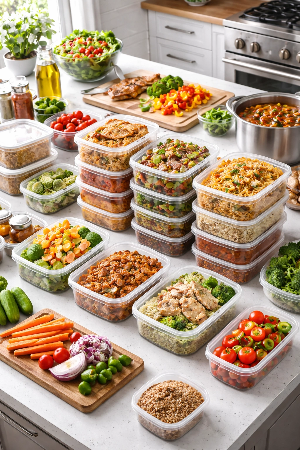 Bright kitchen prep scene with organized meal containers and fresh ingredients for batch cooking