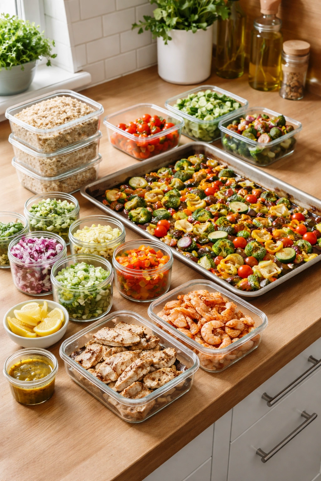 Countertop with batch-cooked ingredients and roasted vegetables