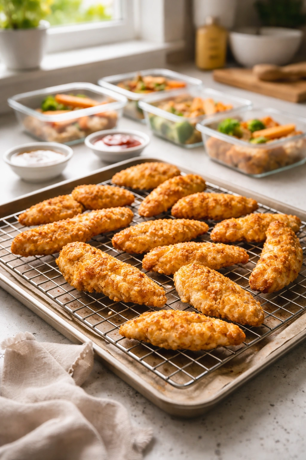 Batch-cooked chicken tenders on a rack with meal-prep containers in a bright kitchen
