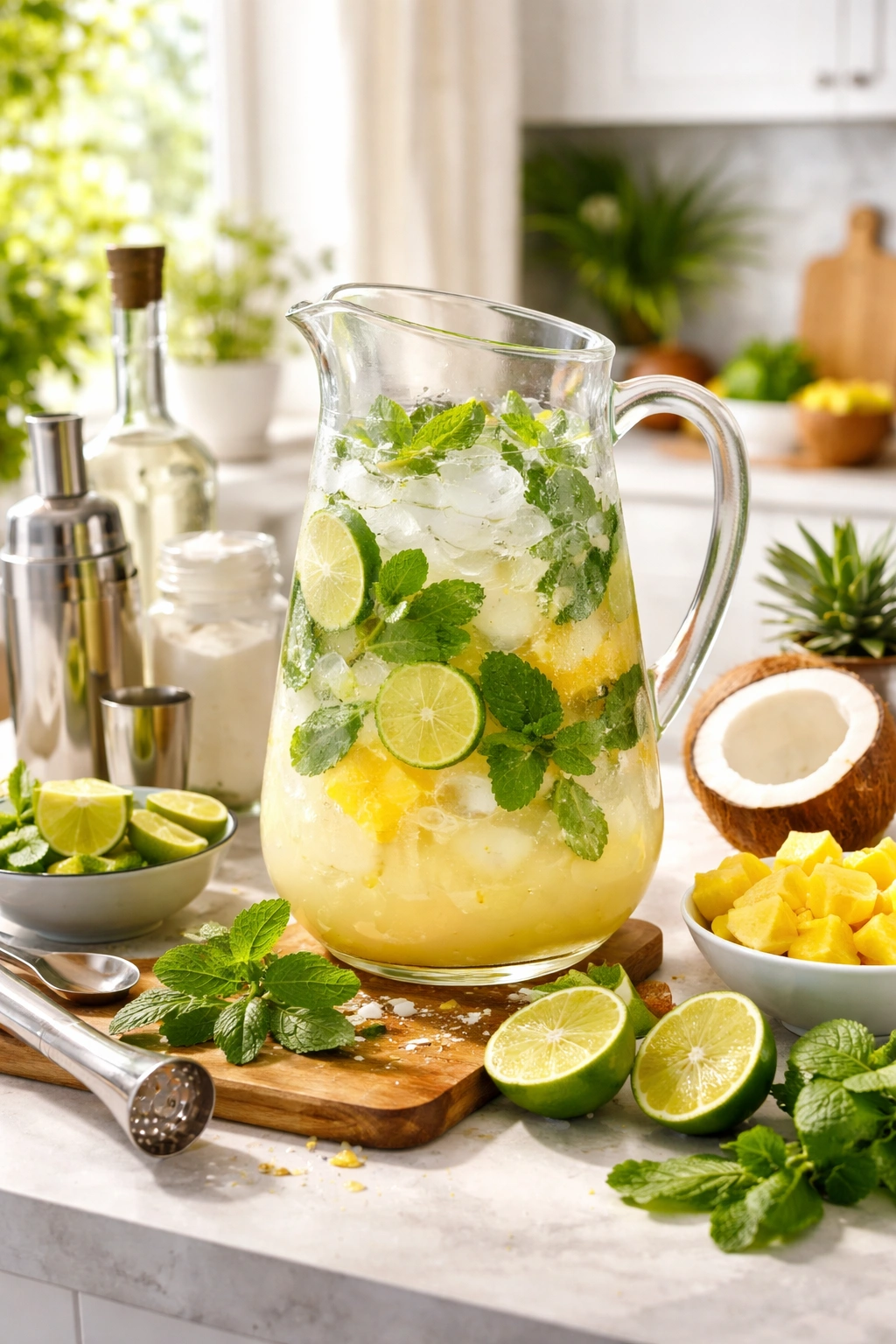 Pitcher with pre-batched mojito components and fresh mint ready for batch prep
