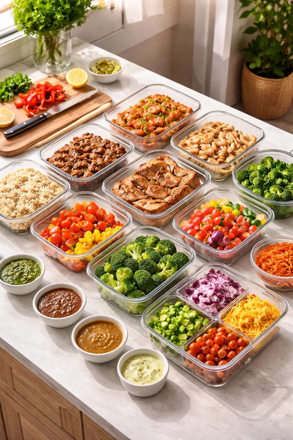 Organized batch-prep containers and ingredients on a kitchen counter
