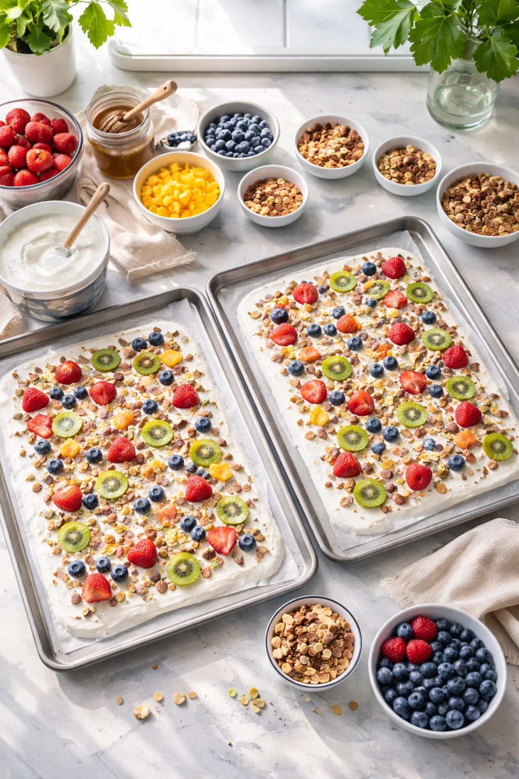 Two baking sheets with prepared yogurt bark ready to freeze
