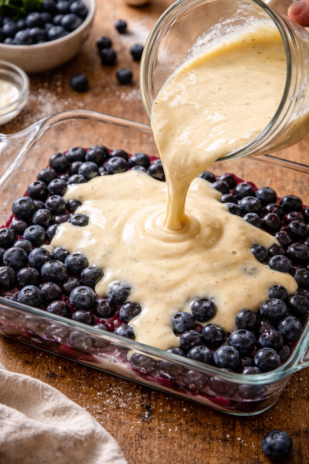 Batter pouring over blueberries in a baking dish