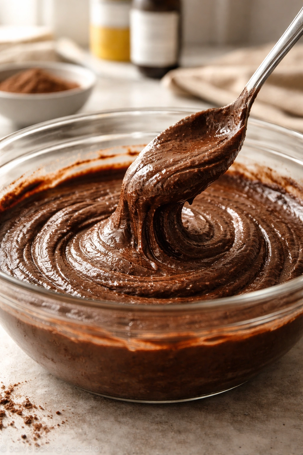 Thick brownie batter in a bowl with a spoon dragging through.