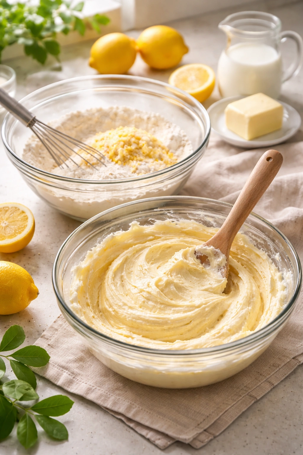 Two bowls showing batter and dry ingredients for lemon cake on a kitchen counter