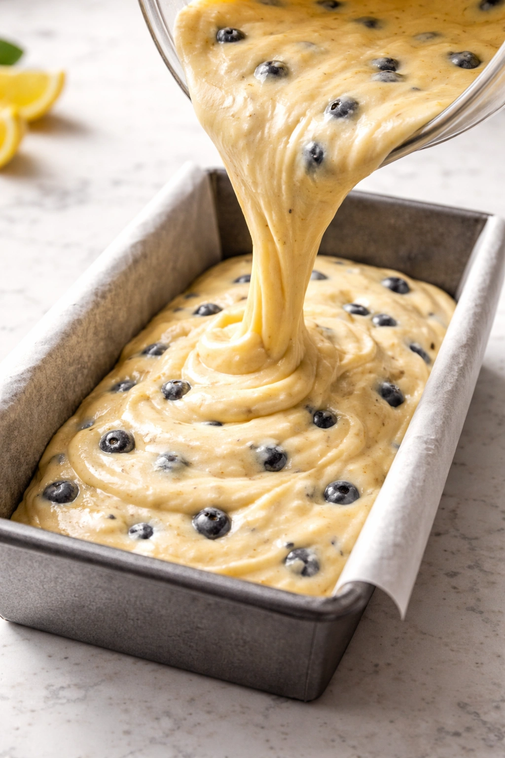 Loaf batter being poured into a prepared loaf pan