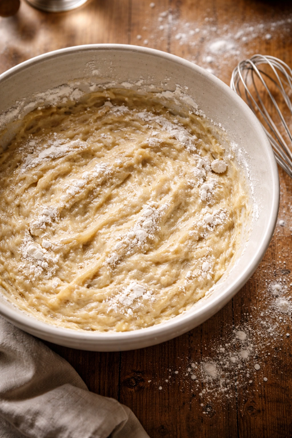 Close-up of a bowl with lumpy pancake batter and visible dry flour streaks