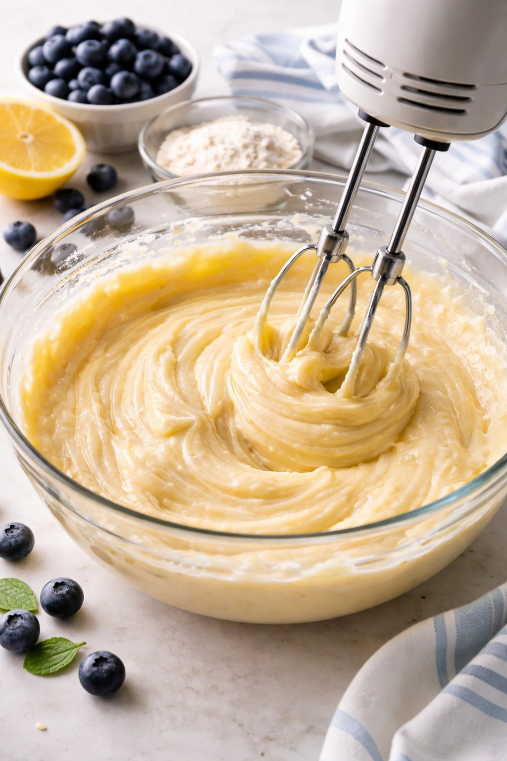 Batter being mixed in a bowl during blueberry bread preparation.