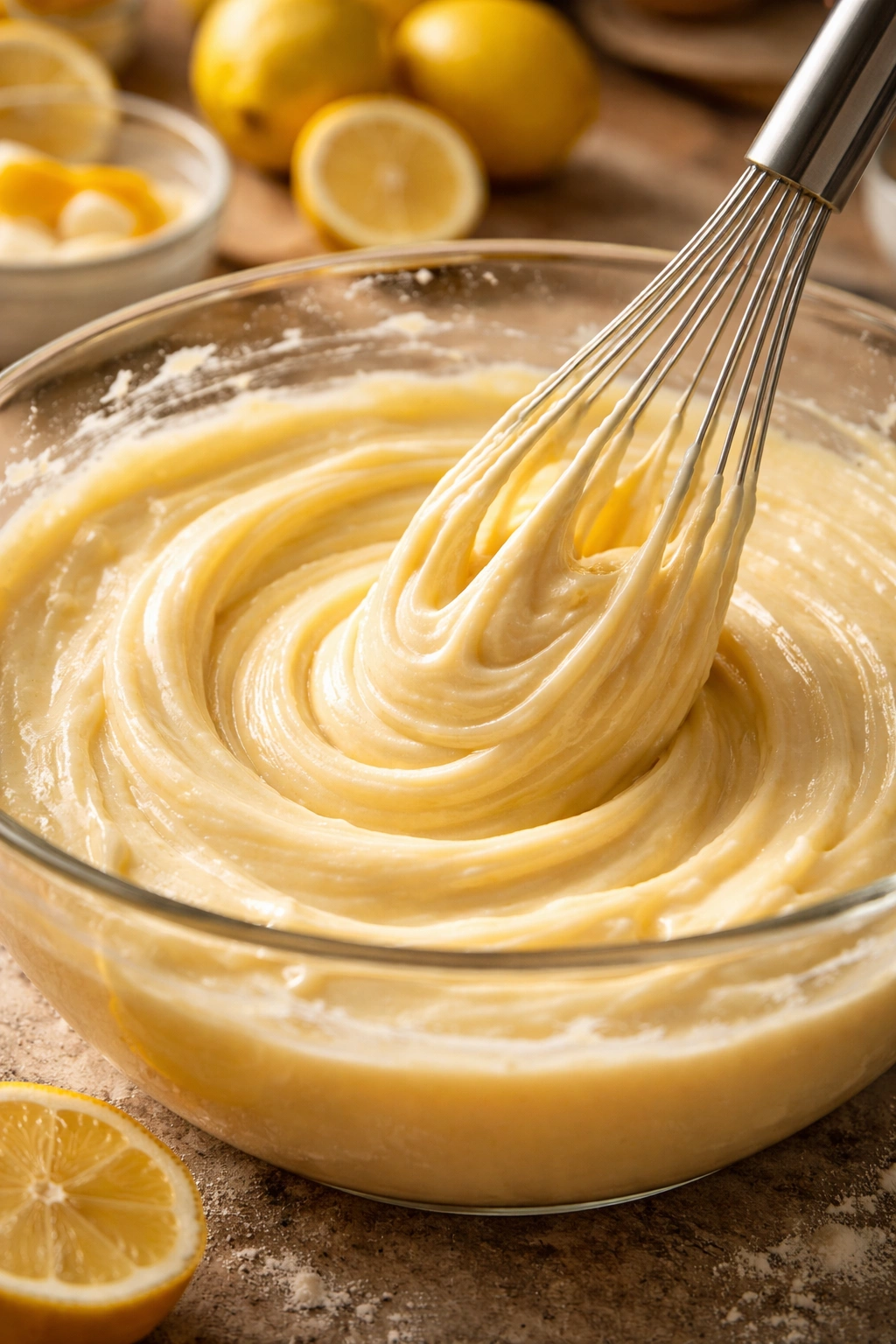 Creamy batter being whisked in a mixing bowl