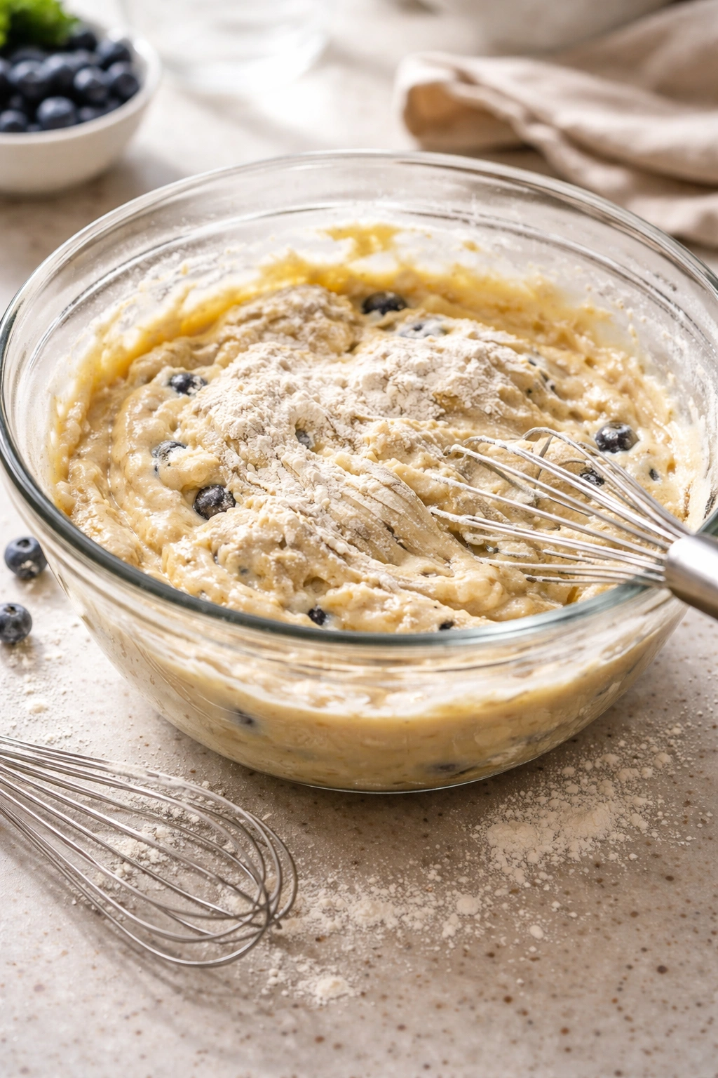 Batter with flour streaks in a mixing bowl