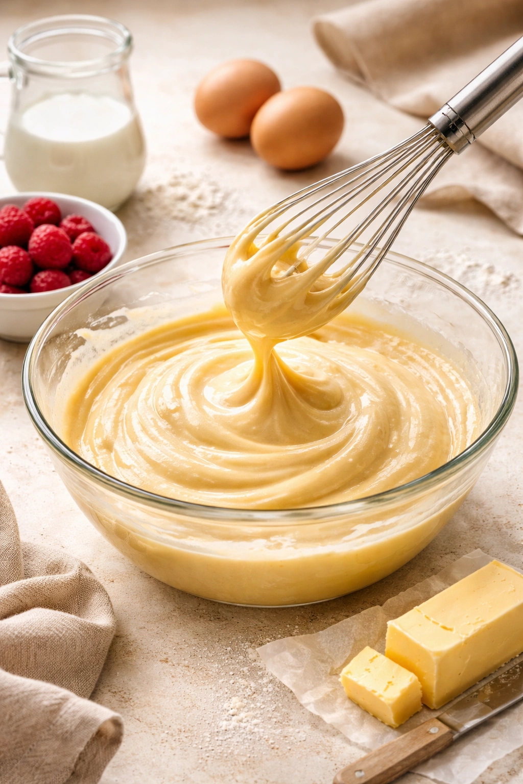 Close-up of batter with whisk ready for mixing
