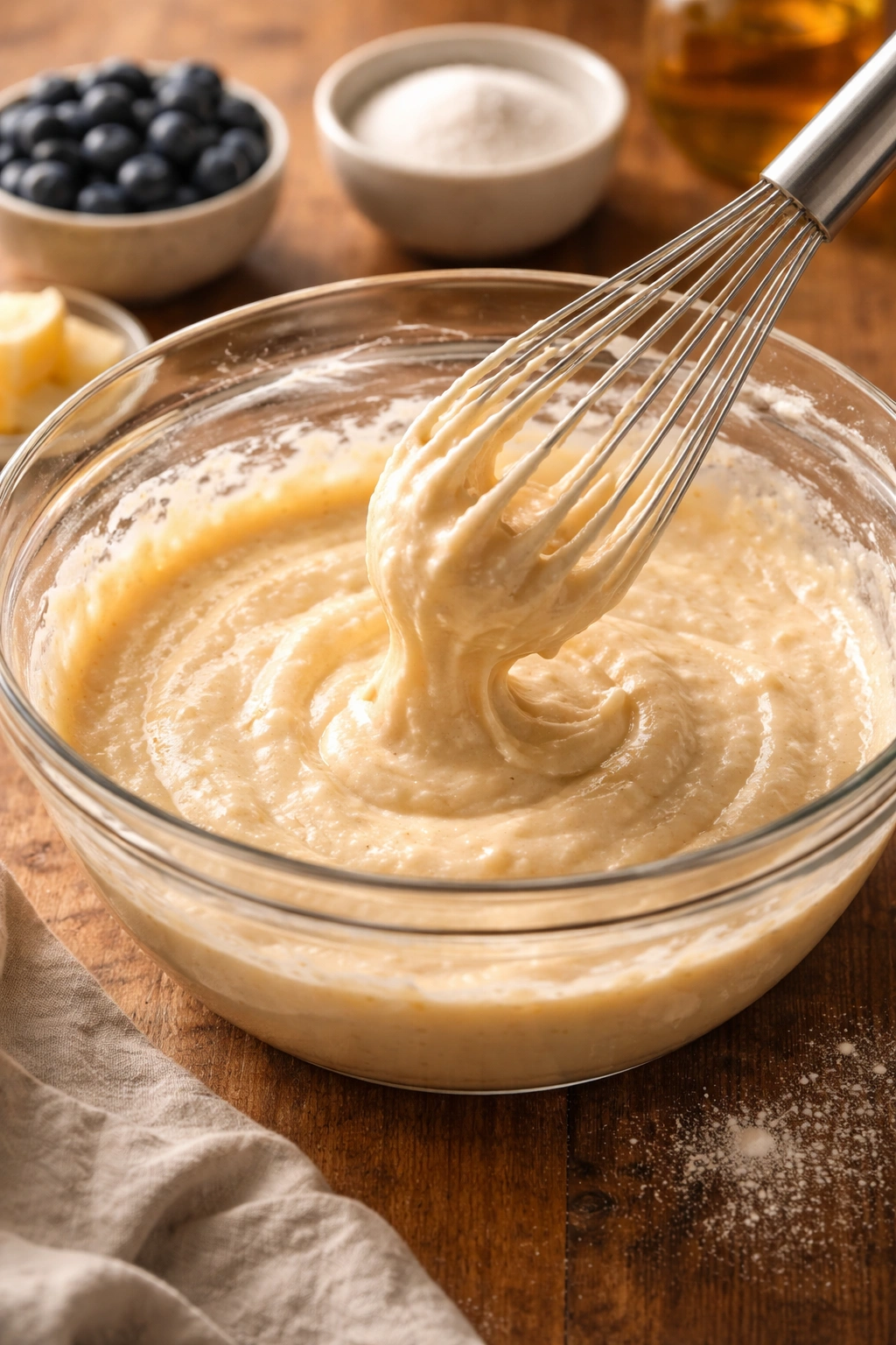 Close-up of thick batter in glass bowl with whisk for cobbler topping