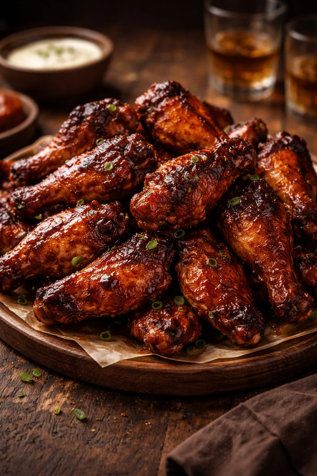 Buffalo? No, BBQ bourbon glazed wings on wooden surface