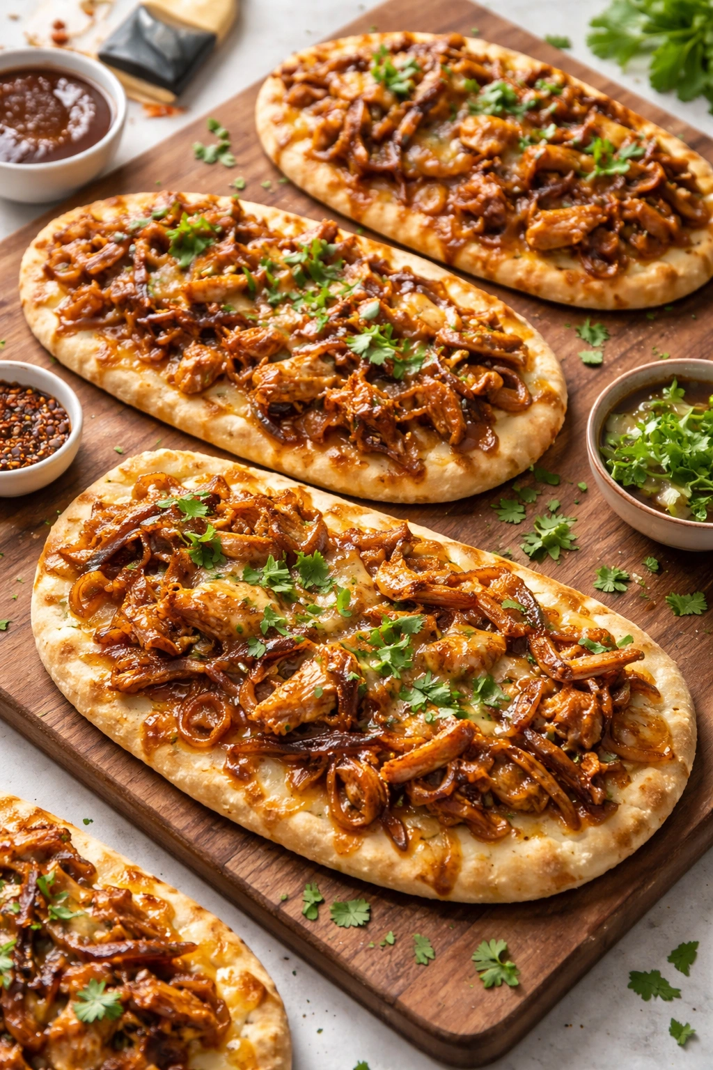 Barbecue chicken flatbread pizzas with caramelized onions