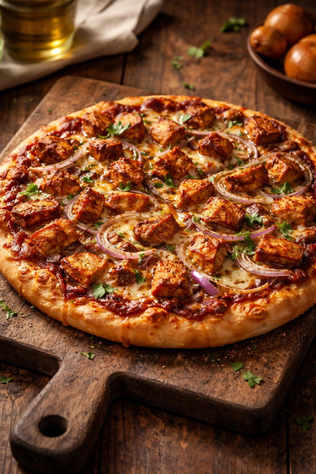 BBQ chicken pizza on wooden board with melted cheese and sauce