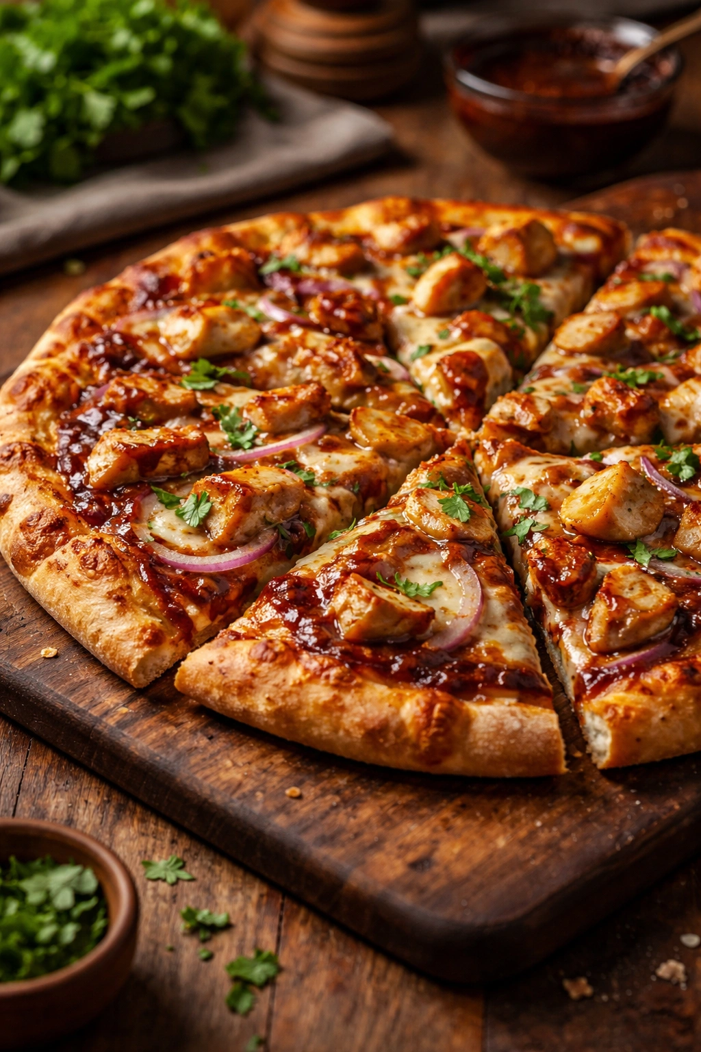 Close-up of BBQ chicken pizza on wooden board with crispy crust and melted cheese
