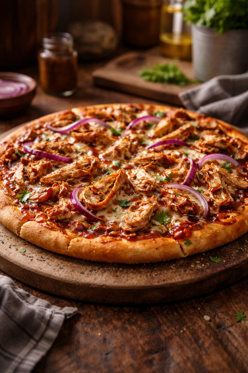 Finished BBQ chicken pizza on a wooden board with chicken and red onion toppings