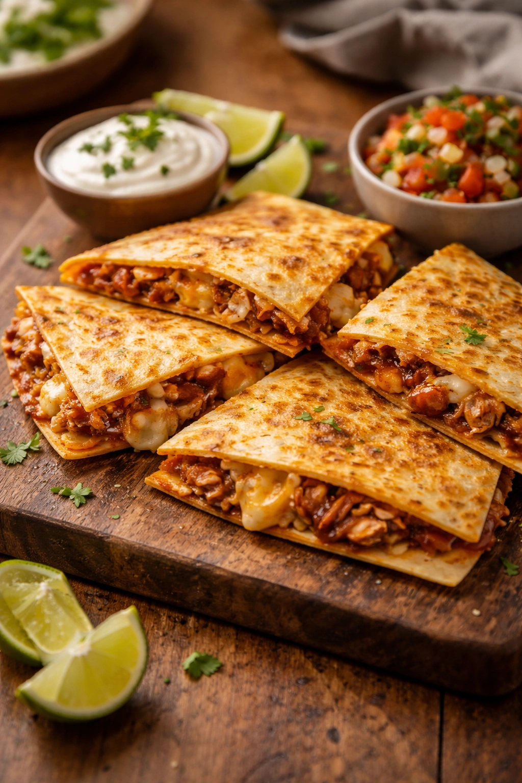 Close-up of a crispy BBQ chicken quesadilla sliced on a wooden board with melted cheese