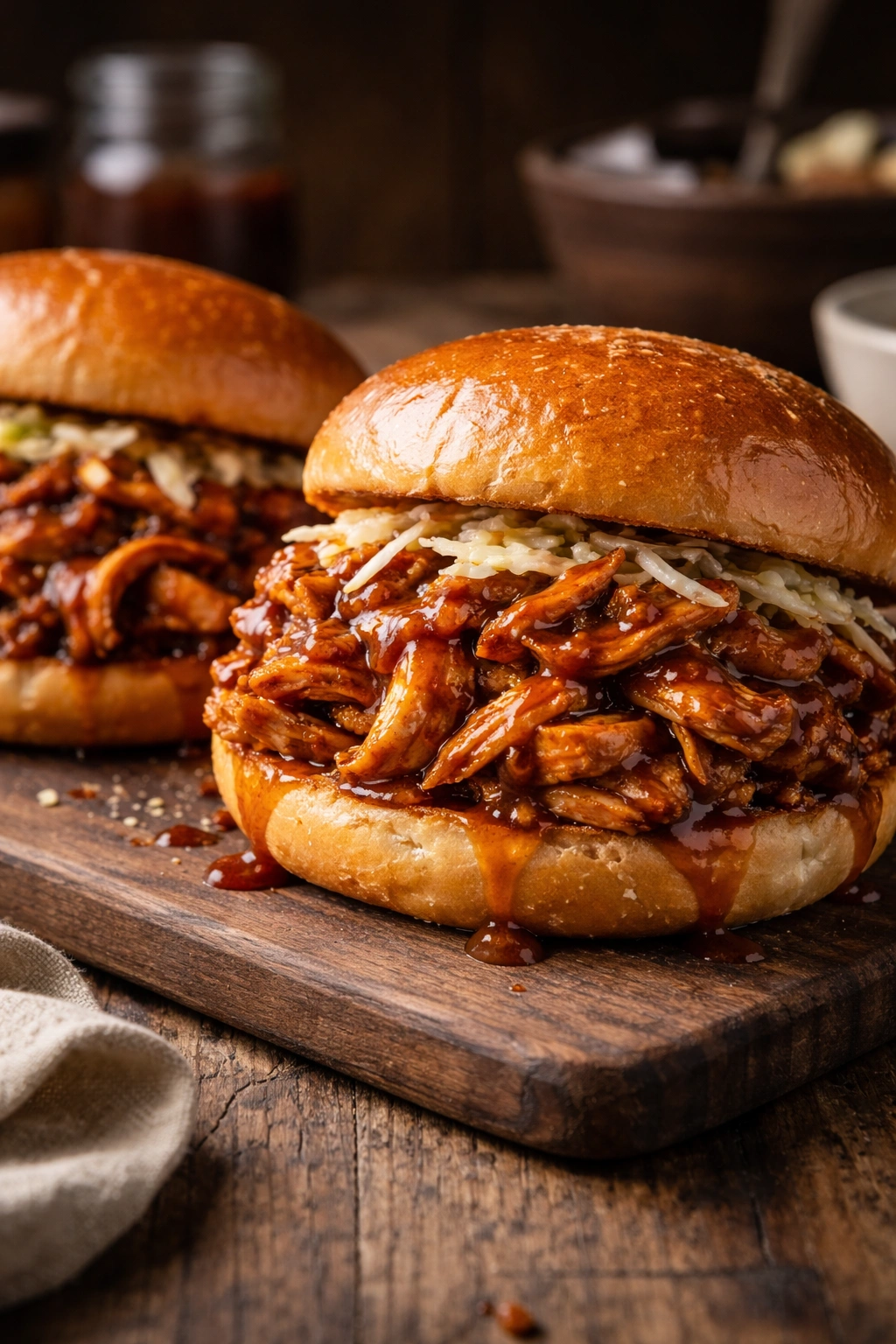 Two BBQ chicken sandwiches on toasted buns with glossy sauce