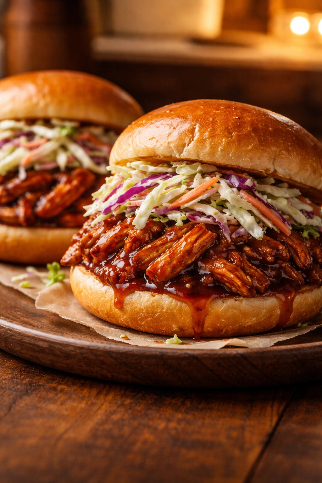 BBQ chicken sandwich with crispy slaw on a plate
