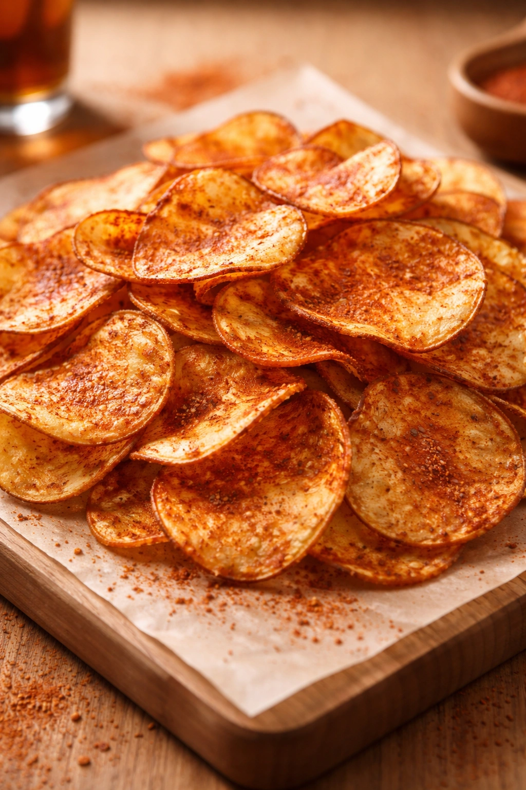 Close-up of BBQ-seasoned potato chips on a light wooden surface