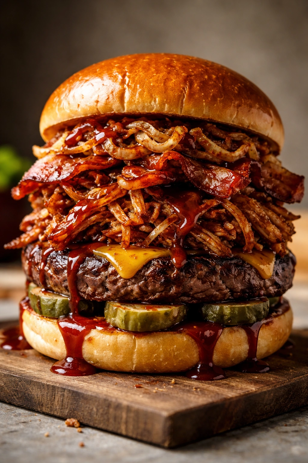 Tall BBQ pulled pork burger with beef patty and bacon
