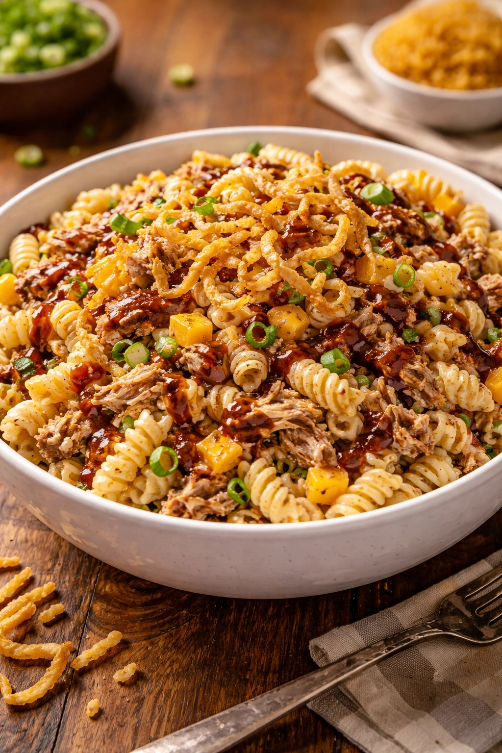 Close-up of BBQ Pulled Pork Pasta Salad in a white bowl