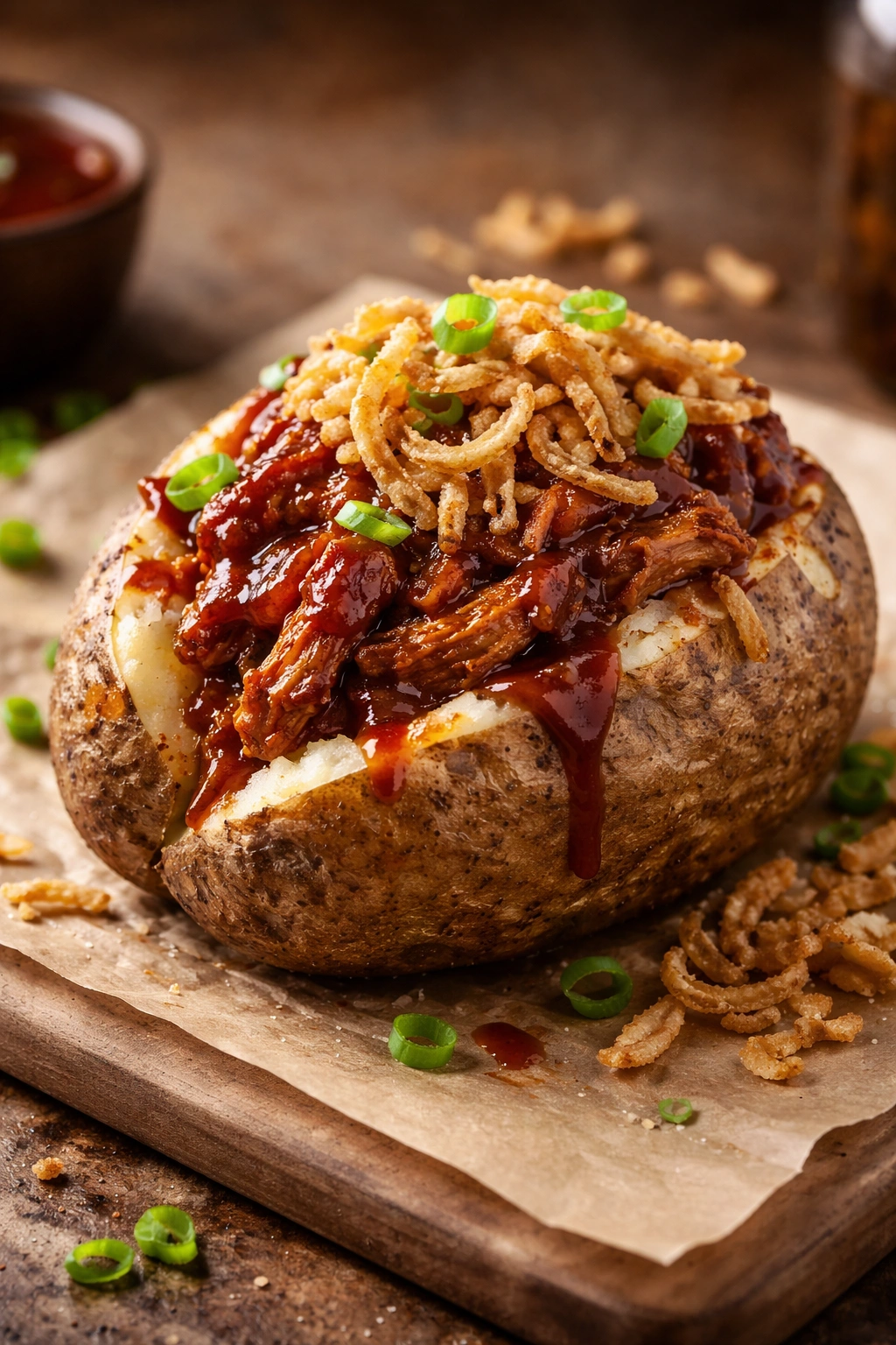 Loaded potato topped with BBQ pulled pork and crispy onions.
