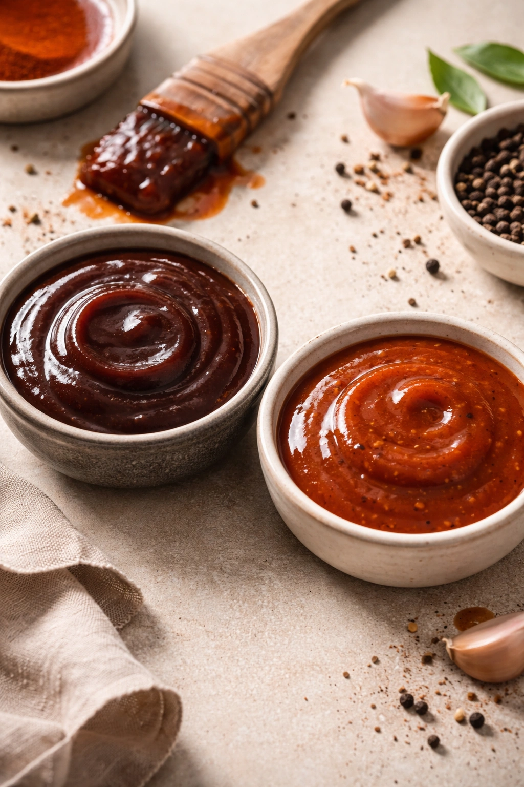 Two bowls of BBQ sauce showing different colors and textures