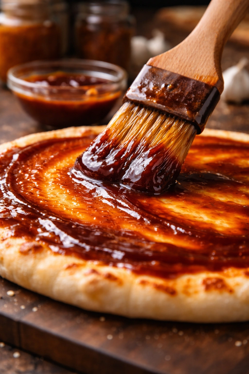 BBQ sauce being brushed onto a plain pizza base