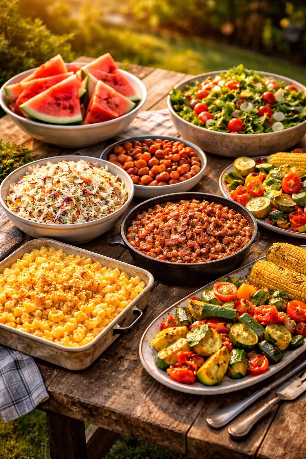 Backyard BBQ side spread with coleslaw, macaroni and cheese, baked beans, watermelon, salad, and grilled vegetables on table