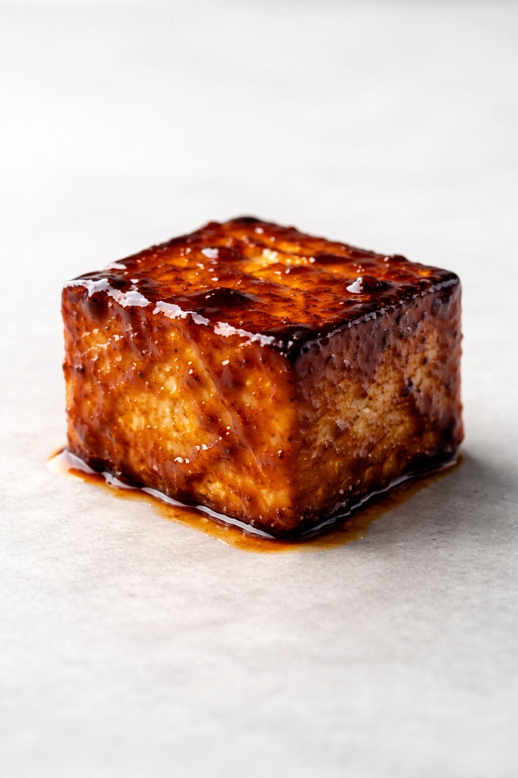 Single glossy BBQ tofu square on neutral background