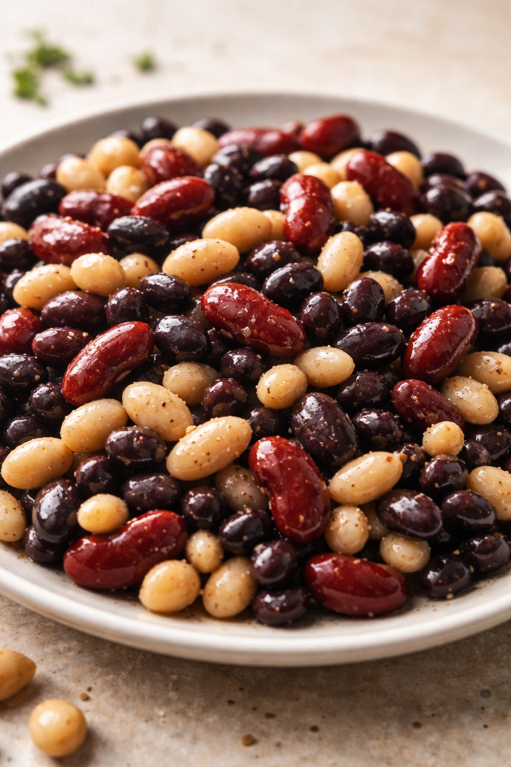 Close-up of mixed cooked beans showing variety and texture on a plain plate.
