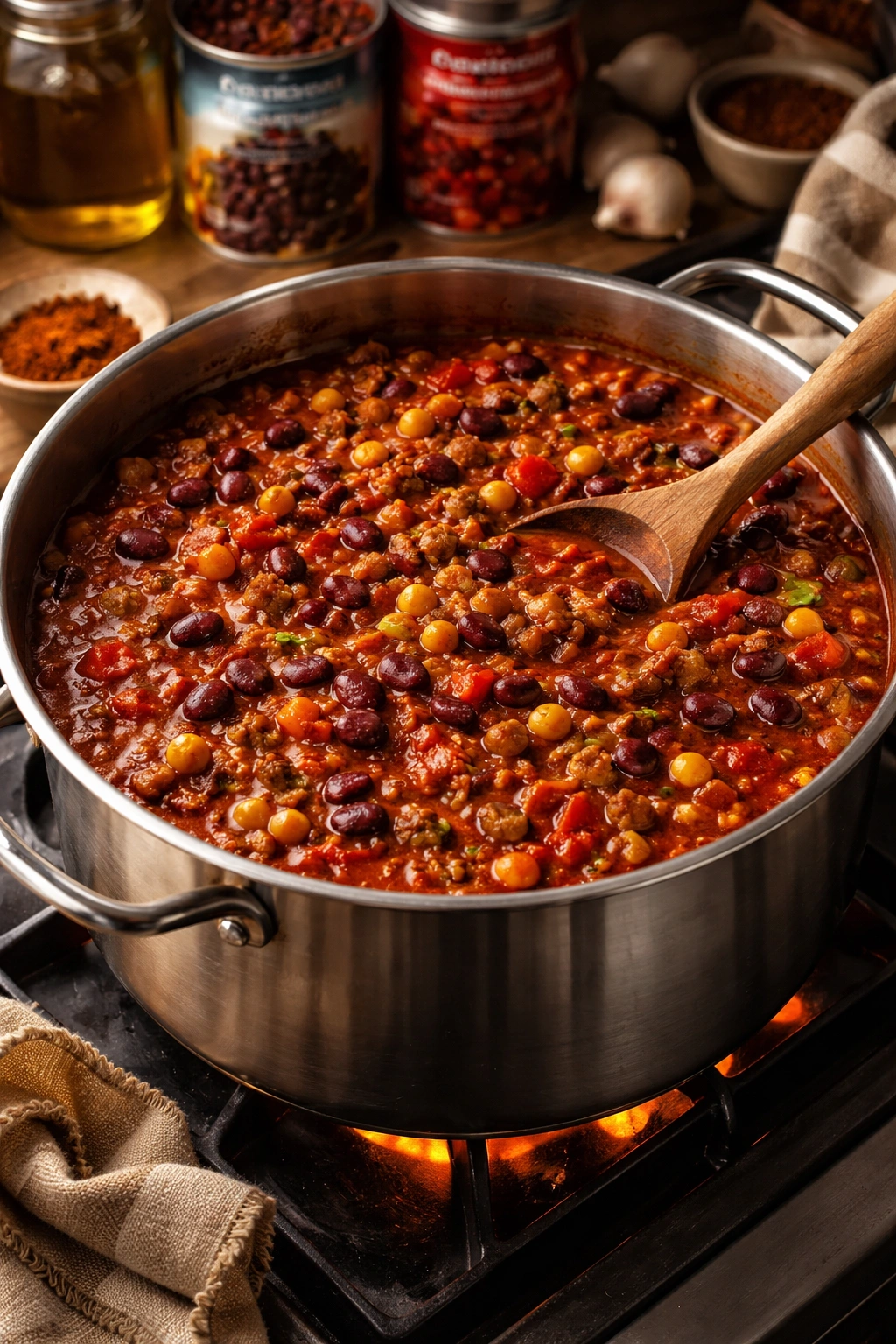 Pot of chunky bean chili with mixed beans and tomatoes