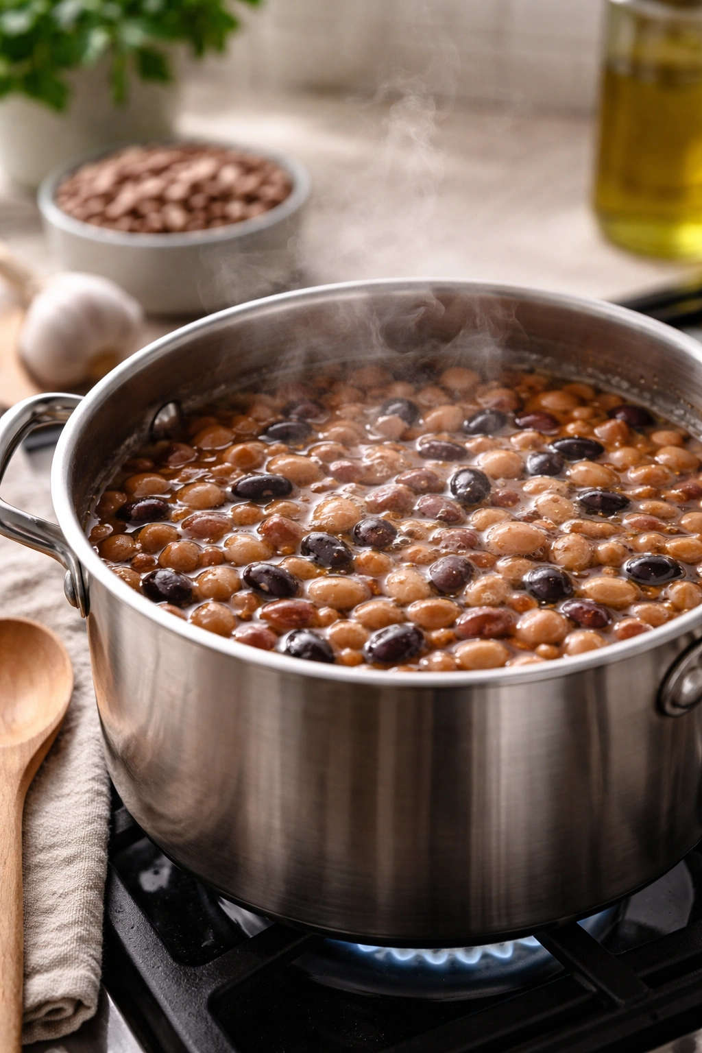Bean pot simmering gently on stove to prevent cooking problems