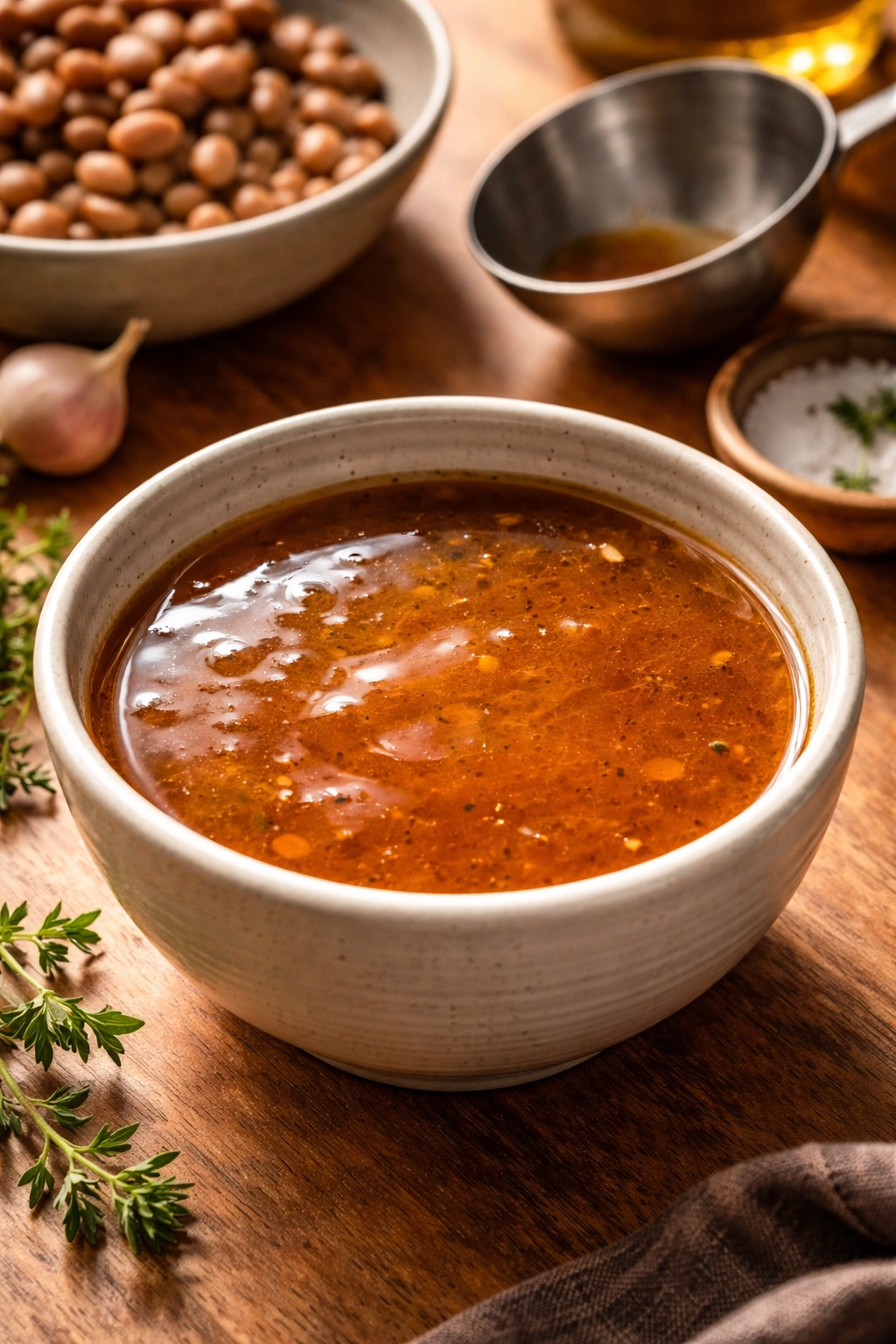 Thick amber bean broth in a small bowl showing rich texture