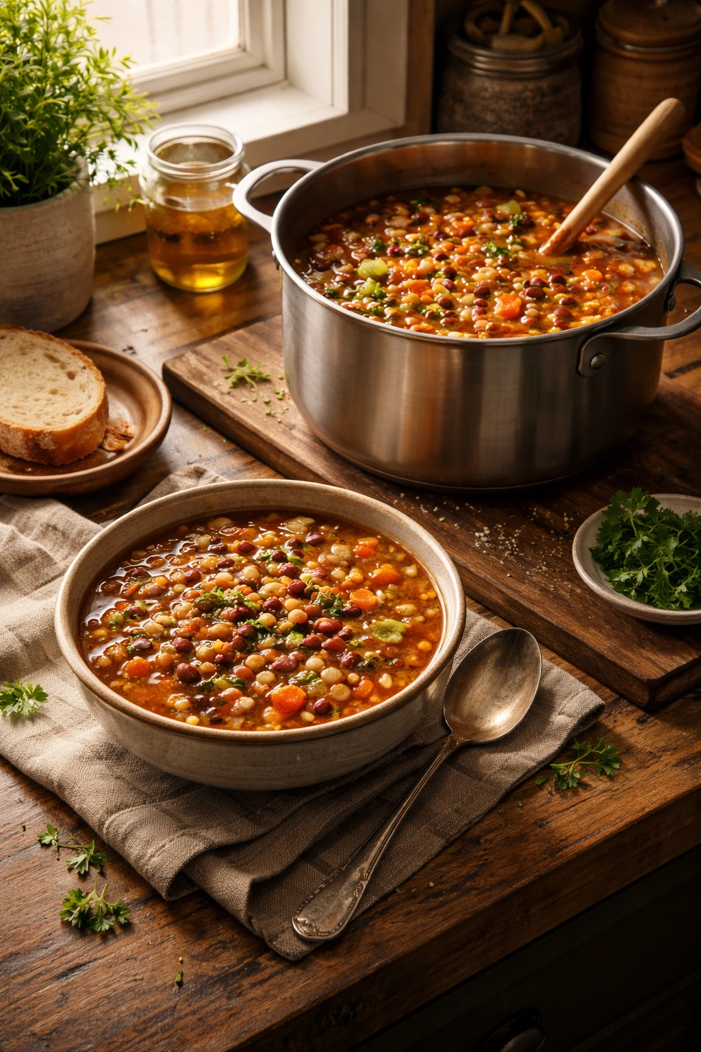 Finished bowl of bean soup in a cozy kitchen