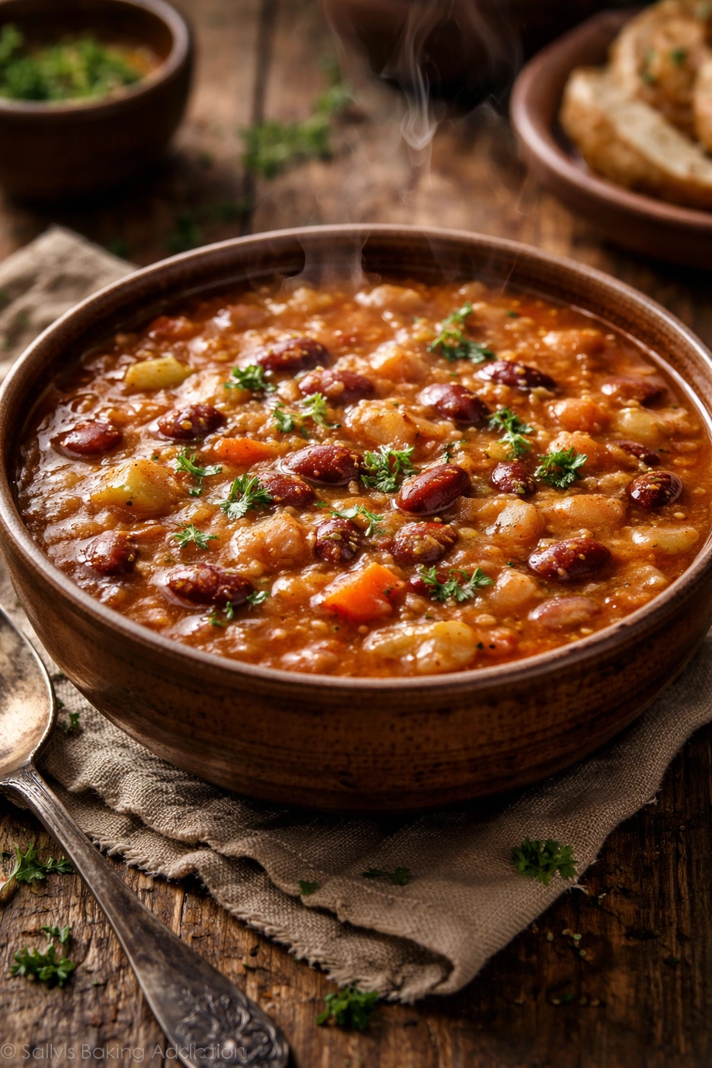 Close-up of thick bean soup in a bowl showing hearty beans and velvety broth.