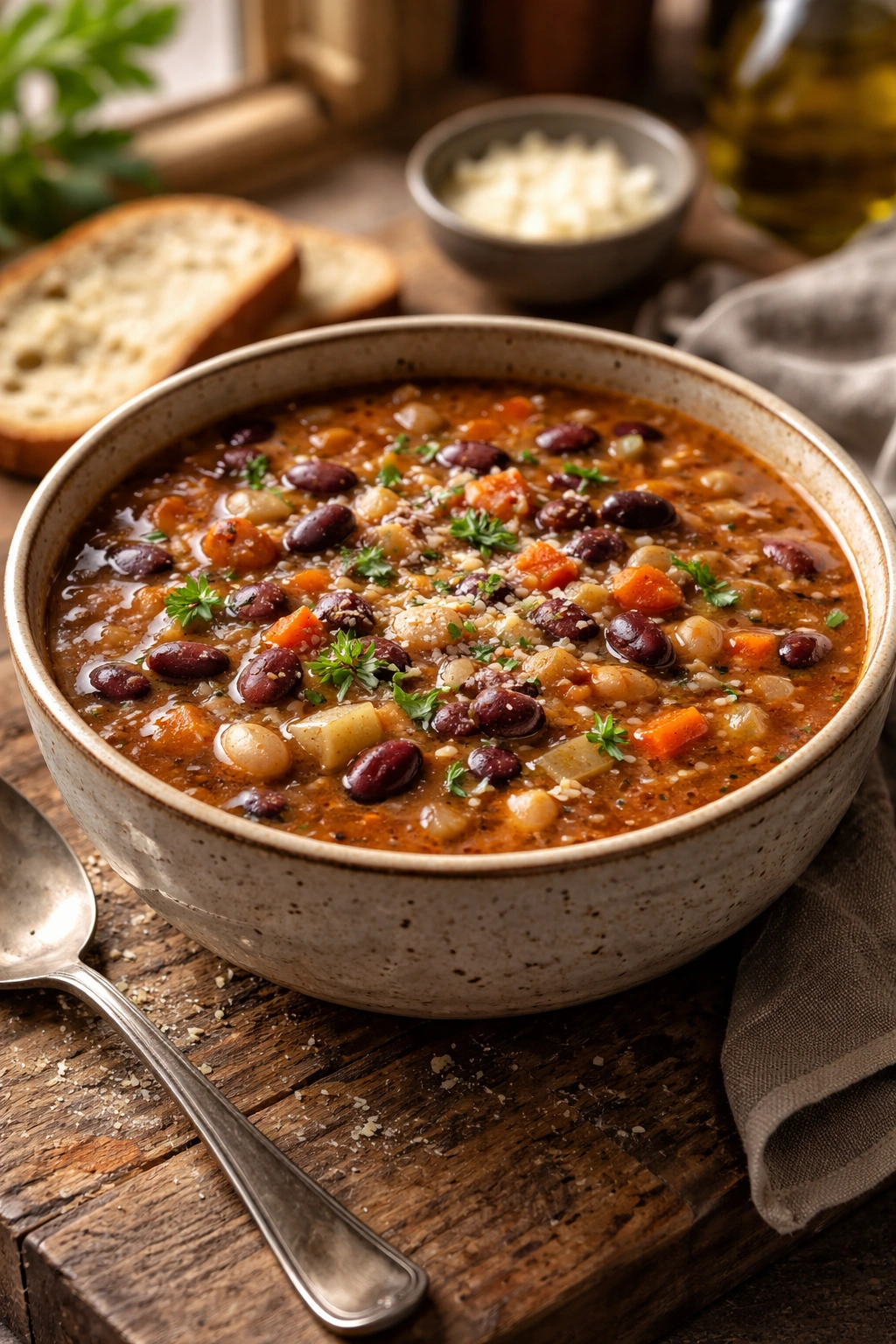 Steaming hearty bean soup in rustic bowl with beans and vegetables