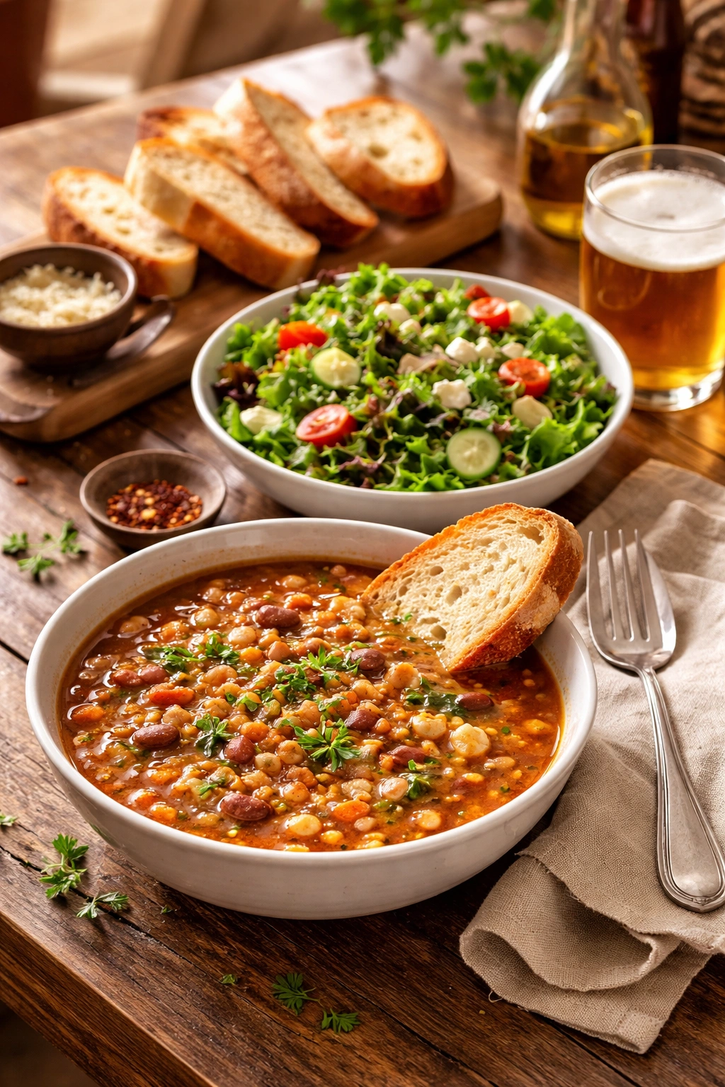 Bean soup served with bread and greens on wooden table