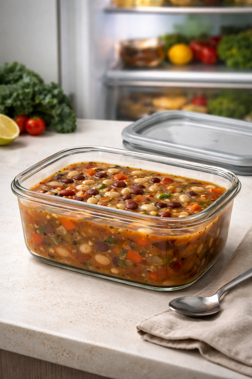 Glass container of bean soup on kitchen counter for storage