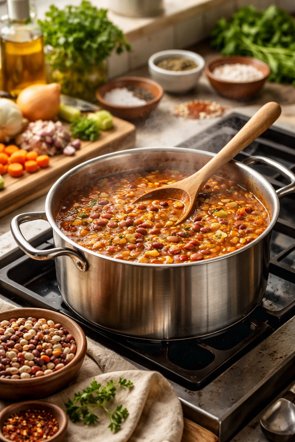 Stovetop simmering bean soup with spoon illustrating technique